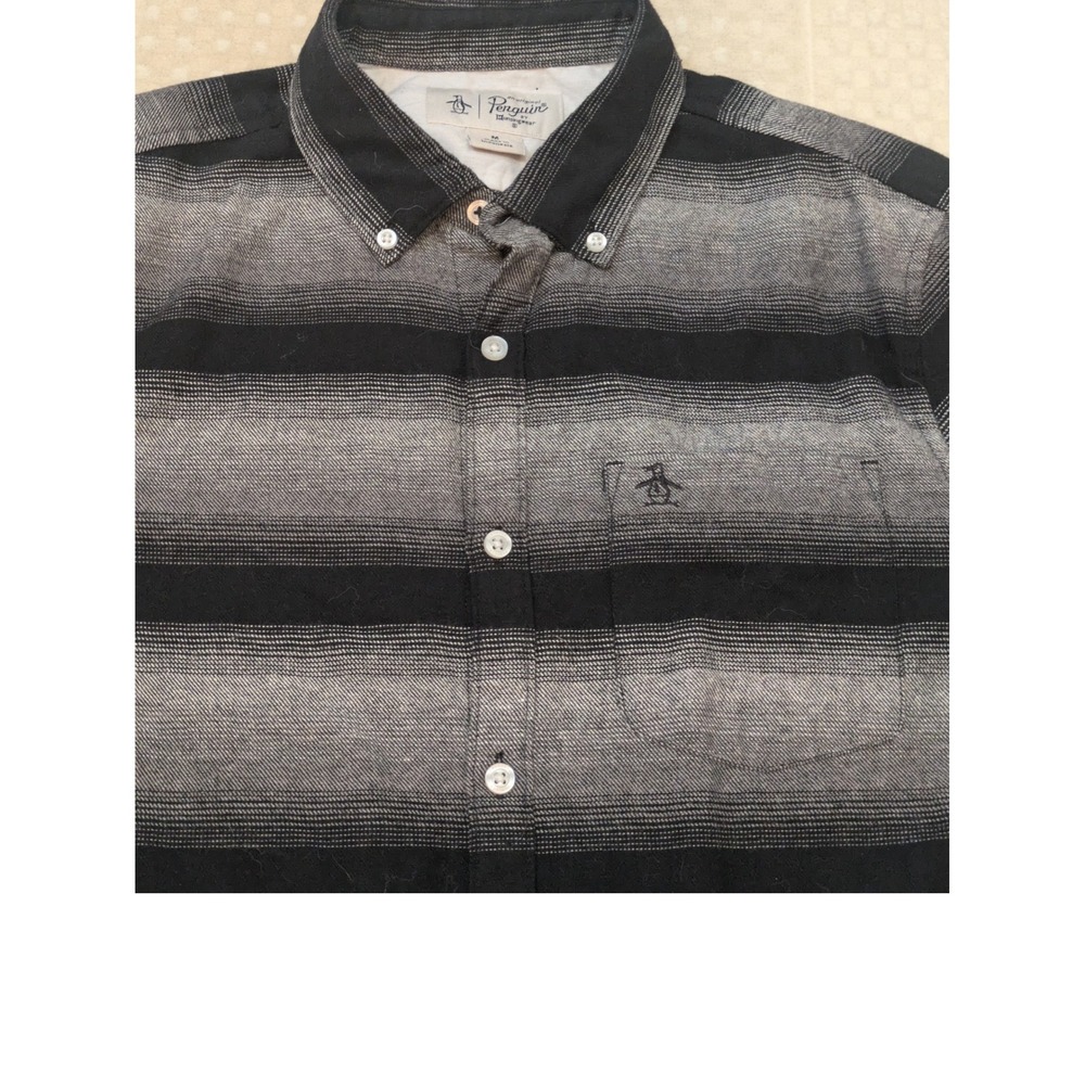 Penguin Mens Button Down‎ Shirt Black Gray Stripe Short Sleeve Size M